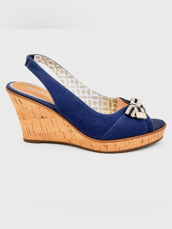 Sperry Shoes - Sperry Top Sider Navy Cork Wedge Slingback Women 8M Nautical Blue Bow Sailor Y2K